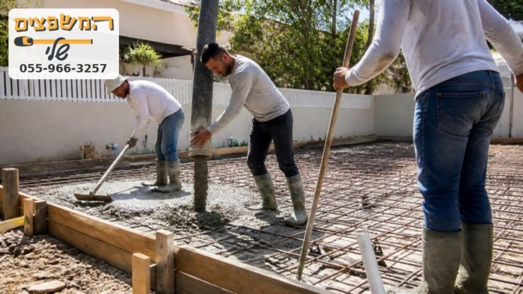 יציקת בטון לרצפה בחצר עם רשת ברזל וטפסנות
