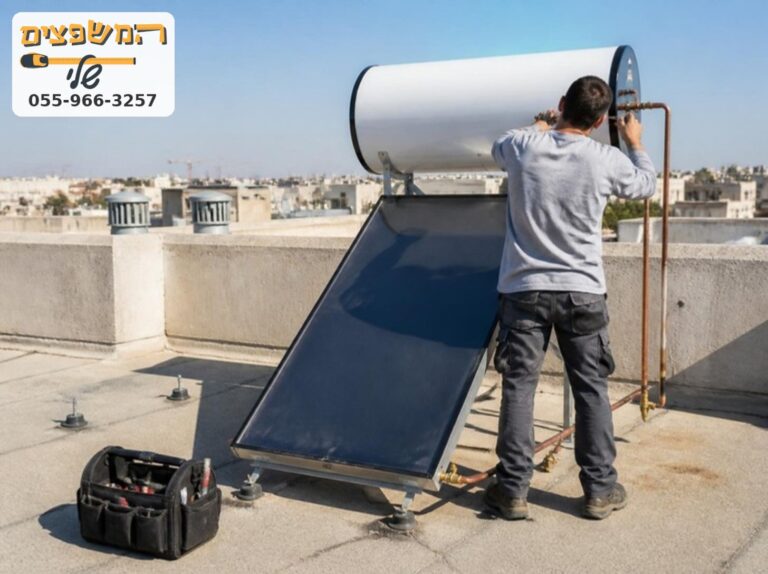 אינסטלטור מתקין דוד שמש וקולטים על גג בית