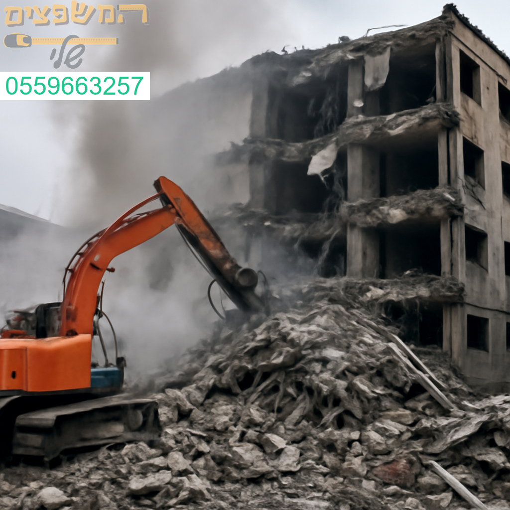 פינוי הריסות מבנה שנפגע קשות מפגיעת טיל באמצעות ציוד הנדסי כבד