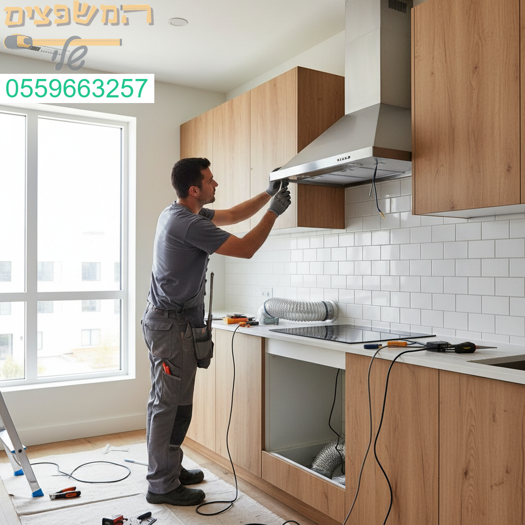 התקנה מקצועית של קולט אדים עם הקפדה על גימור איכותי והתאמה מושלמת למטבח