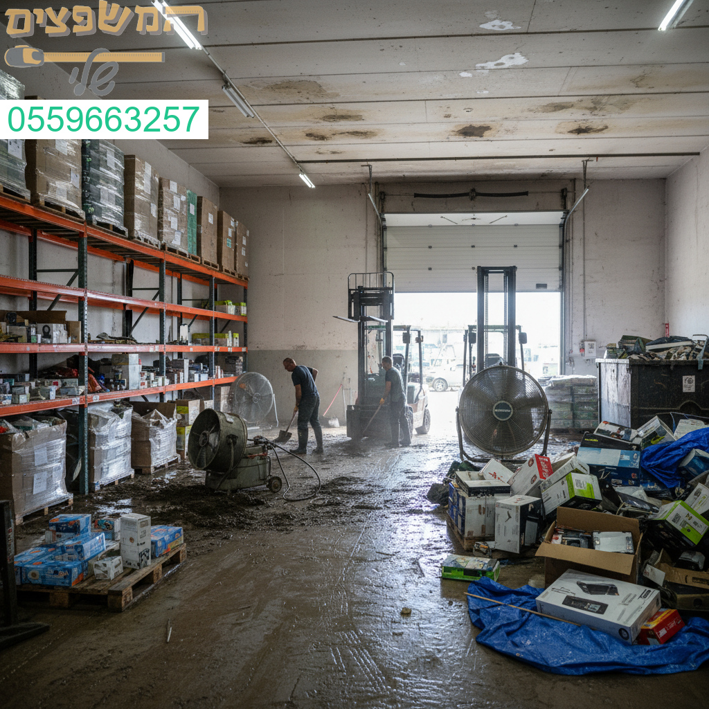 שיקום מקצועי של מחסן אחרי הצפה עם ציוד ייעודי וצוות מנוסה להחזרת המקום לפעילות מלאה