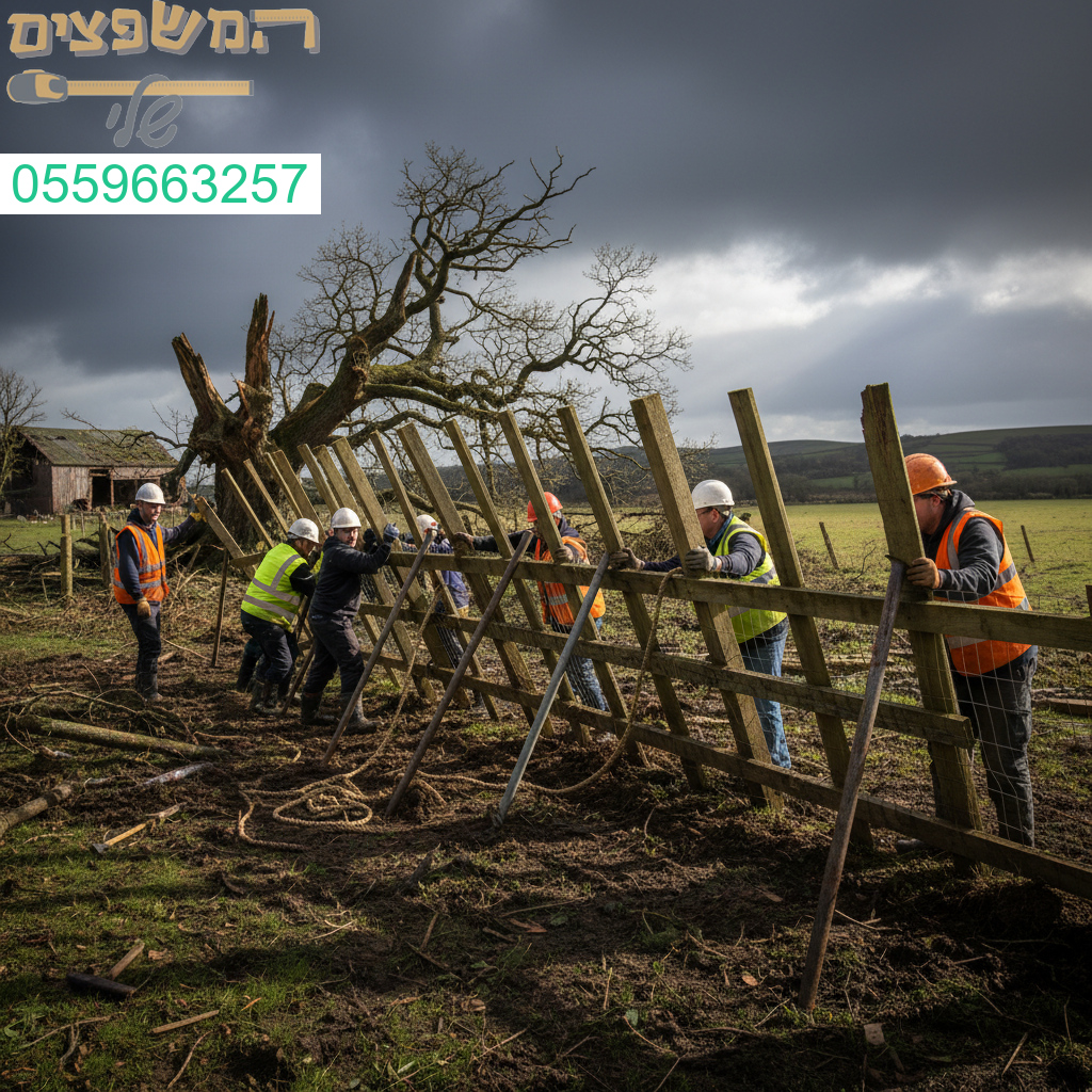 צוות מקצועי מחזק בצורה יסודית את הגדר שנפלה בעקבות הסערה תוך הקפדה על בטיחות ואיכות גבוהה