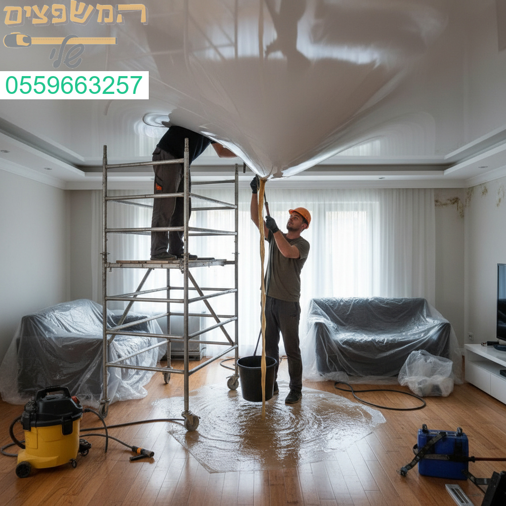 פתרון מקצועי ומהיר לתקרת מתיחה שהתנפחה עקב נזילה עם ציוד מתקדם וצוות מיומן
