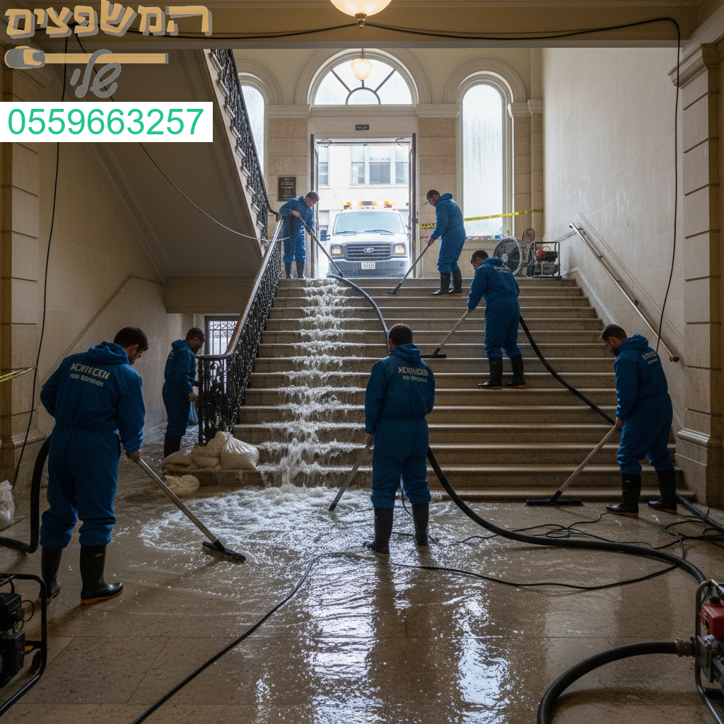 תגובה מהירה ומקצועית לטיפול בהצפה מורכבת בבניין מגורים כולל שאיבה וניקוי יסודי