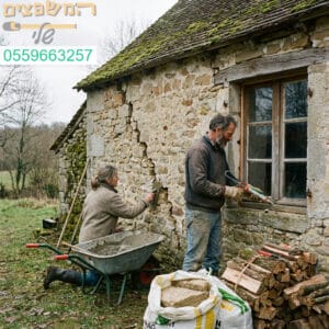 זוג שוקד על שימור בית האבן לקראת החורף באטימה מדויקת של חלונות ותיקון יסודי של סדקים.