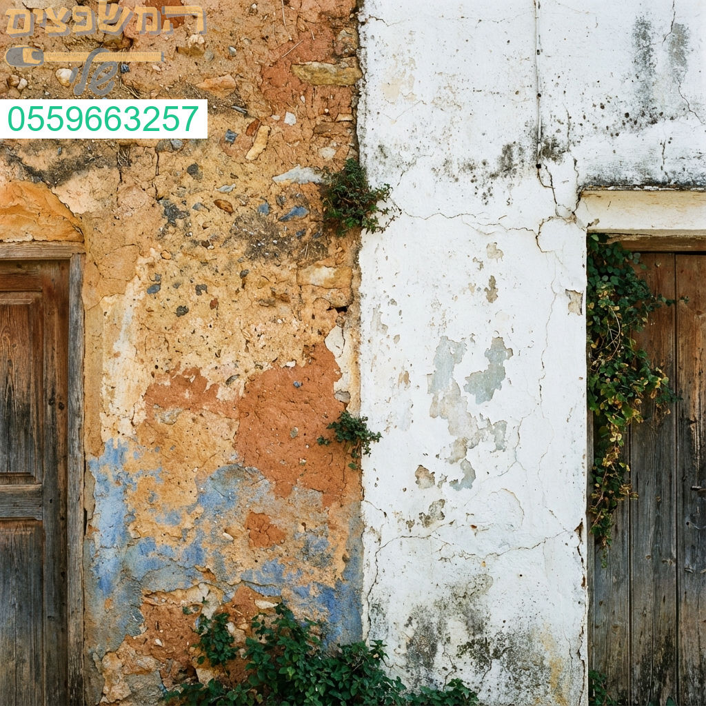 טיח צבעוני עתיק לצד לבן מתקלף סיפור של קירות וזמן.