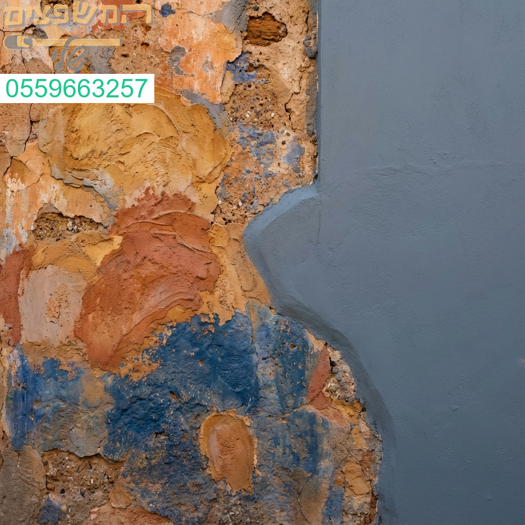 מפגש עוצמתי של טיח צבעוני עם טקסטורה עשירה מול קיר חלק בגוון אחיד אמנות של ניגודים.