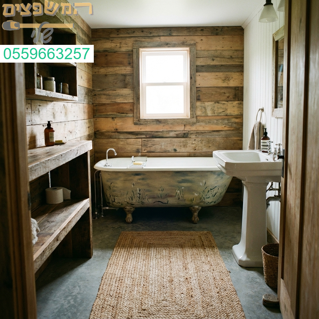חדר אמבטיה קטן בעיצוב כפרי חם וייחודי שיפוץ קומפלט איכותי ומרשים אפשרי גם במחיר חסכוני.