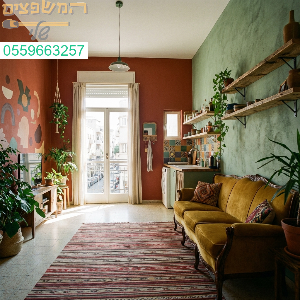 קסם צבעוני לדירות סטודיו תל אביביות שילוב הרמוני של ירוק מרענן וחמרה חמה יוצר חלל מזמין ושיקי
