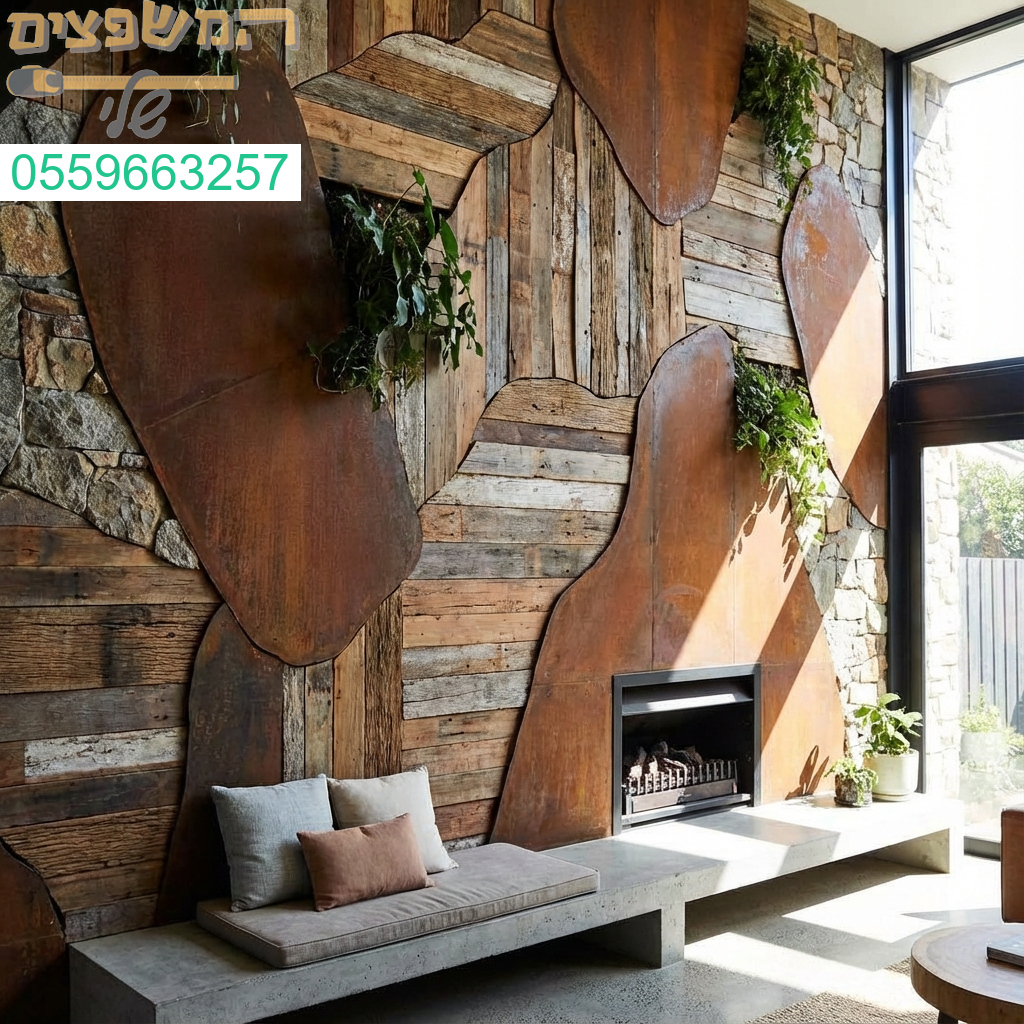 חיפוי קיר אמנותי שילוב מרהיב של עץ ממוחזר ברזל חלוד ואבן יוצר קיר כוח יוקרתי ומרשים.