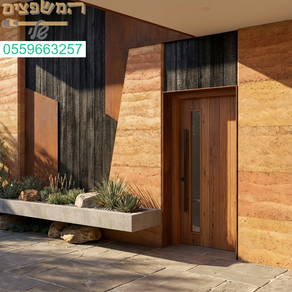 שילוב חומרים טבעיים לחיפוי כניסה שיוצר רושם ראשוני יוקרתי ומרשים.