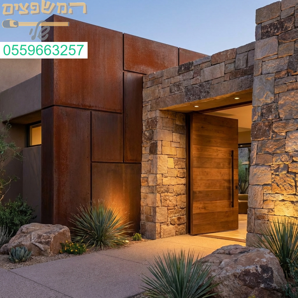 שילוב חומרים טבעיים קורטן אבן ועץ יוצר כניסה עוצמתית ומרשימה לבית.