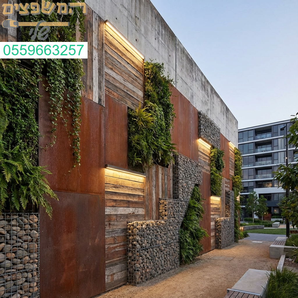 חיפוי קירות וגדרות בטון פתרונות אסתטיים מרהיבים בשילוב טבעי של עץ אבן וצמחיה.