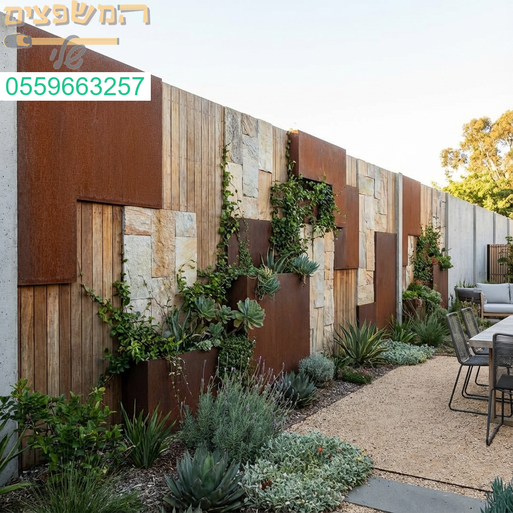 חיפוי גדרות וחומות בטון בשיא האסתטיקה שילוב חומרים וצמחיה יוצר גינה מעוצבת ומרשימה