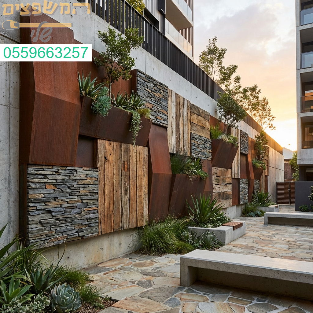 חיפוי קירות בטון מרהיב פתרון אסתטי המשלב עץ אבן ומתכת עם צמחייה עשירה לעיצוב חוץ ייחודי.