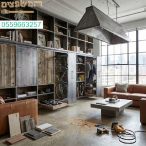 דירת רווקים מודרנית פתרונות אחסון חכמים ועיצוב תעשייתי אורבני עוצר נשימה.