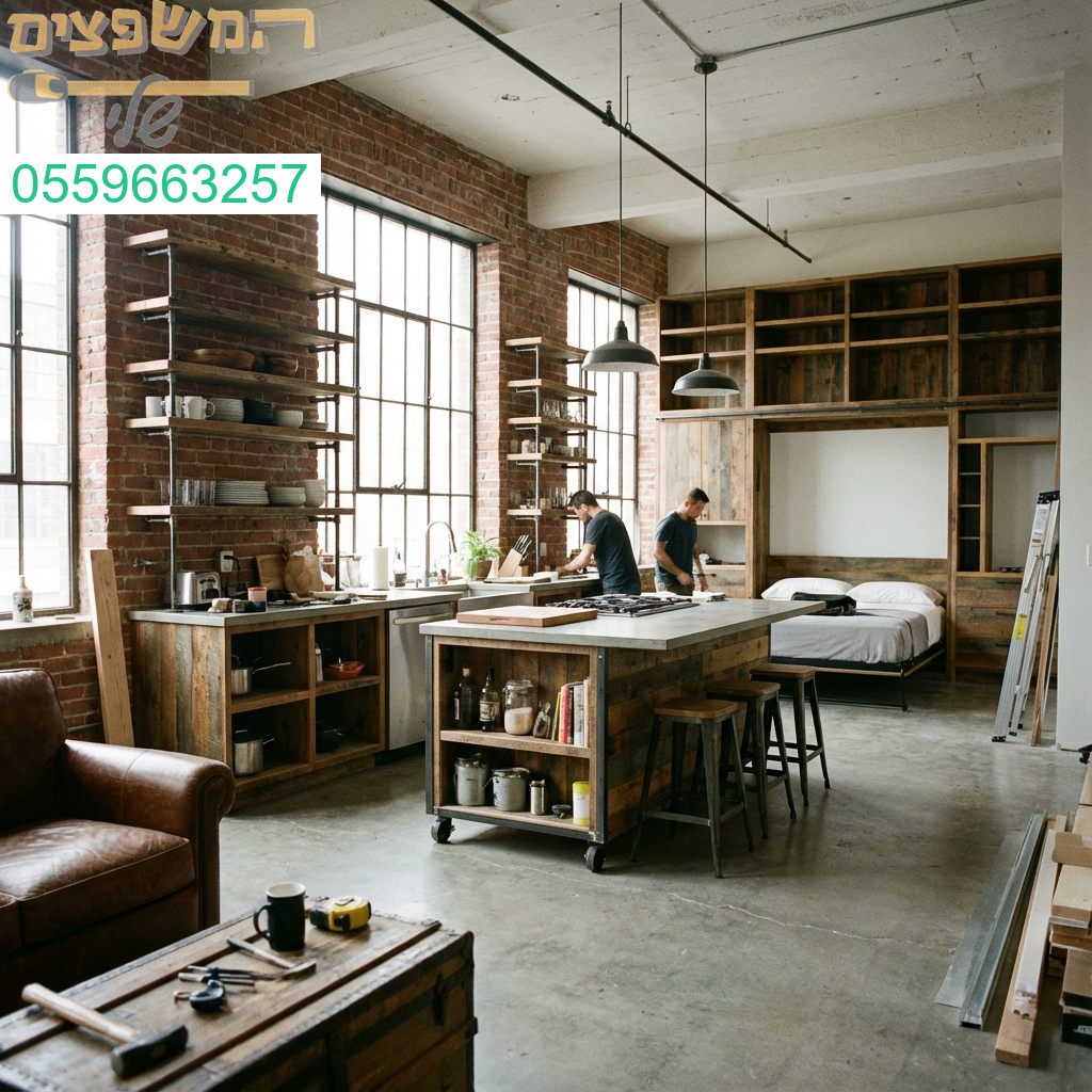 לופט רווקים אורבני המשלב אופי תעשייתי חמים עם עץ ולבנים חשופות לצד פתרונות אחסון פונקציונליים ועיצוב מרשים.