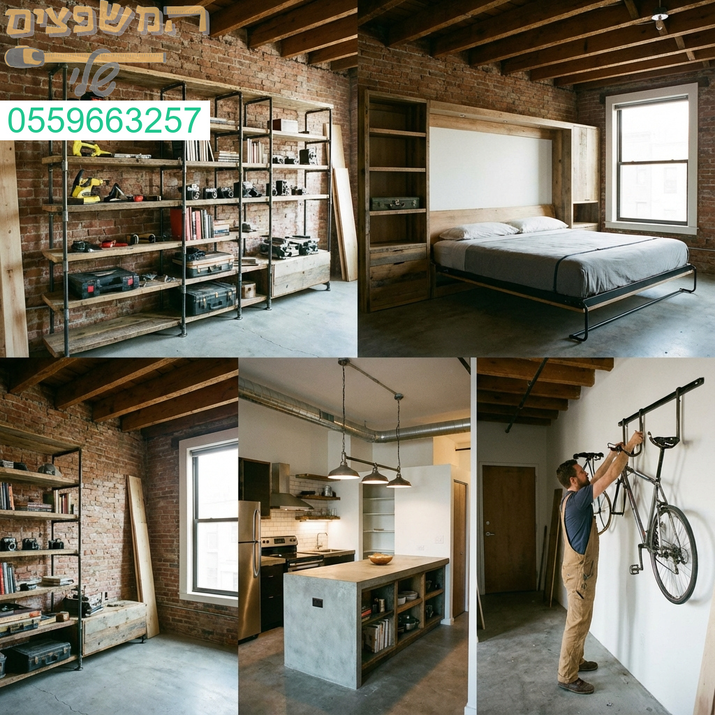 דירת רווקים בסטייל תעשייתי המשלבת אחסון גאוני ועיצוב חזק ובלתי מתפשר.